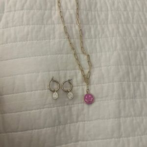 smiley face hoop earrings and pink smiley face necklace set